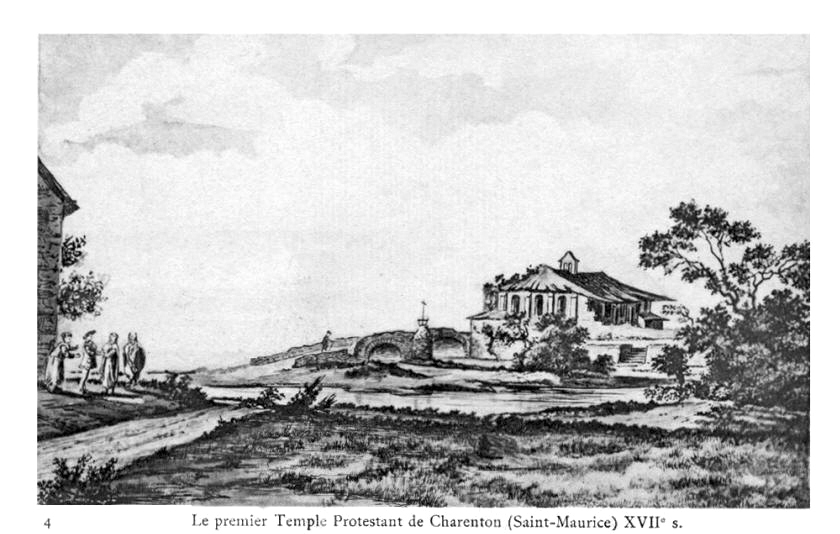 Carte postale ancienne reprsentant le premier temple protestant de Charenton, construit en 1606, dtruit en 1621 (estampe de Prelle).