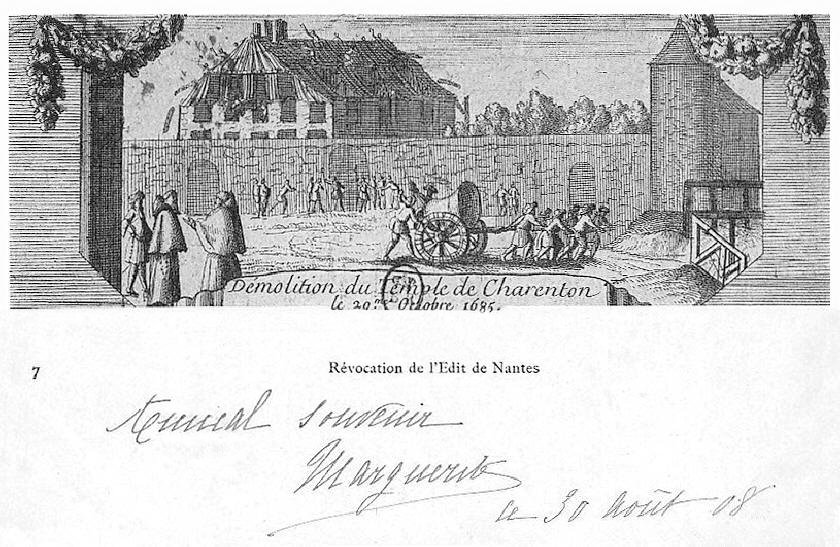 Carte postale ancienne reprsentant la dmolition du deuxime temple protestant de Charenton en 1685.