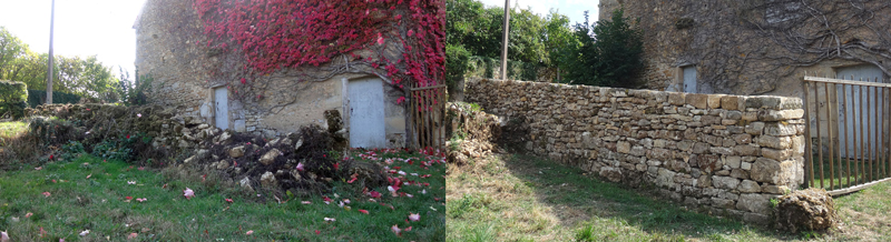 Saint-Bonin-des-Bois, Nivre : mur de clture avant puis aprs restauration