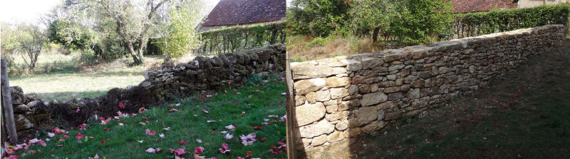 Saint-Bonin-des-Bois, Nivre : mur de clture avant puis aprs restauration