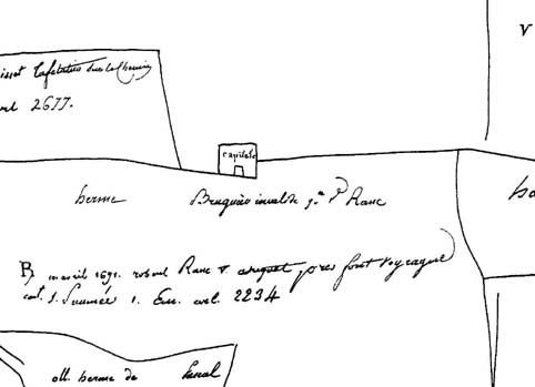 Détail du plan communal No 29 de Nîmes (1782-1786) montrant l'élévation d'une cabane sur laquelle est portée la mention "capitele" © Christian Lassure