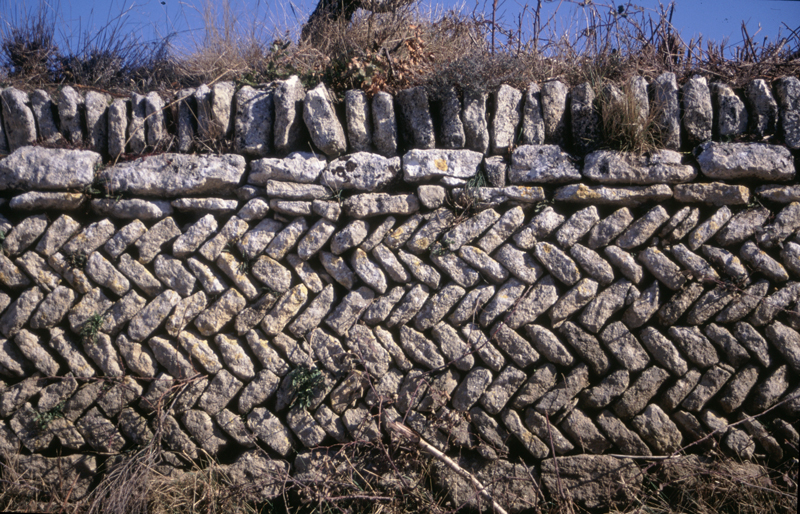 Lieudit Les Fondons  Saignon (Vaucluse) : pan de mur de soutnement  l'appareil en chevrons. Photo Jean Laffitte.